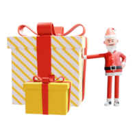 Ilustración del concepto de navidad 3d. santa claus sonriendo y mano apoyada en un gran regalo png