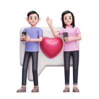 dos parejas jóvenes que tienen una charla romántica en teléfonos celulares, ilustración de personaje de concepto de día de san valentín 3d