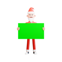ilustração 3D do papai noel segurando uma faixa verde com as duas mãos na frente do corpo
