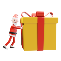 santa pushes a big gift for christmas present. 3d Character Santa Claus christmas concept png