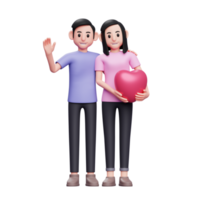 romantico coppia in posa Tenere cuore palloncini e agitando, 3d San Valentino giorno concetto personaggio illustrazione png