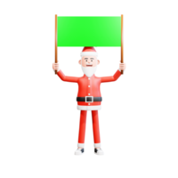 ilustração de personagem 3d papai noel segurando cartaz verde com as duas mãos
