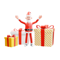 3d character illustration santa claus celebrates merry christmas and happy new year with three giant gifts png