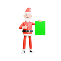 3d illustratie van de kerstman claus Holding groen papier met zijn links hand, en richten met zijn Rechtsaf hand- png