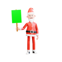 ilustración de personaje 3d de santa claus de pie casualmente sosteniendo un cartel de papel verde con la mano derecha png