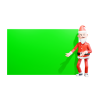 3d Character Santa Claus shows something on the green screen beside him while bowing, show an information png