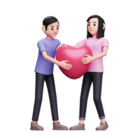 happy young couple pulling heart balloons, 3d valentine's day concept character illustration png