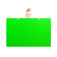 ilustração 3d do papai noel espreitando atrás de uma grande tela verde apenas sua cabeça e mãos podem ser vistas