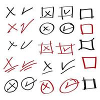doodle set of check mark and wrong mark. false and true vector illustration