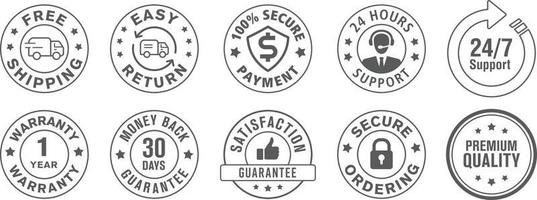 Simple and powerful ecommerce shopping security icon of free shipping, warranty, money back, satisfaction etc. isolated on white background. vector