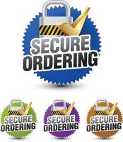 4 colored secure ordering badges with lock and tick sign, sticker, icon, stamp isolated on white background. vector illustration.