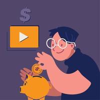 guy putting a coin in piggy bank vector