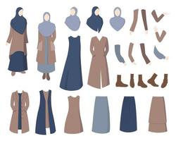 elegante kit de creación de mujeres hijab, partes del cuerpo de personajes femeninos sobre fondo blanco ilustración vectorial vector