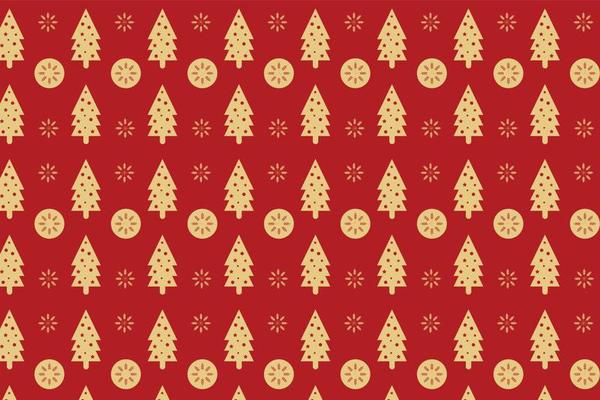 Christmas decoration pattern design with pine trees and snowflakes. Minimal vintage Christmas pattern vector on a red background. Golden element Xmas pattern background for wallpapers and gift cards.
