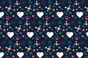 Repeating love pattern vector on a dark background. Abstract love shape pattern design for valentine's event. Seamless love pattern decoration with king crowns and love keys. Endless pattern vector.