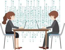 Two people using laptop with binary code background vector