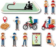 Sticker set of delivery objects and cartoon characters vector