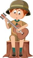 Cute boy scout cartoon character playing guitar vector