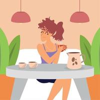 mujer bebiendo cafe en restaurante vector