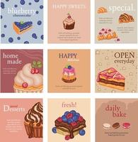 establecer postales pasteles dulces, pancartas de panadería, tarjetas de confitería vector