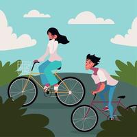 mundo libre de coches, pareja montando en bicicleta vector