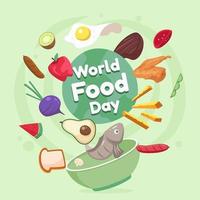 plano muchos tipos de alimentos flotando sobre el tazón en el día mundial de la alimentación vector