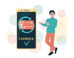 Cashback symbol in mobile phone. Man standing and pointing at big smartphone screen with text and bank card, arrows. Cash back receiving concept. Flat vector illustration