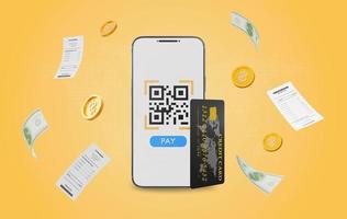 Representación 3d de escaneo de código qr y pago móvil en línea con tarjeta de crédito. código qr de escaneo móvil, pago de facturas, facturas. aplicación móvil de transacciones en línea para transferencias de dinero digital. foto