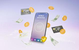 Representación 3d de la transferencia de dinero en línea al tener una conexión de tarjeta de crédito y tener un concepto de sistema de supervisión de seguridad, transacciones de dinero en línea, pagos móviles usando un teléfono inteligente. foto