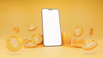 3D rendering of stack of dollar coins and smartphone. Mobile. Budget, fund, money, investment profit. Financial services. Falling  gold coins. photo