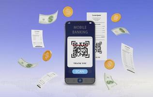 Representación 3d de escaneo de código qr y pago en línea de teléfono móvil. escanee el código qr móvil, pague la factura de las facturas. aplicación móvil de transacciones en línea para transferencias de dinero digital foto