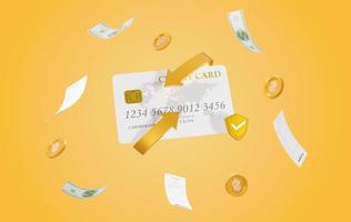 3D Rendering of online payments credit or debit card with payment protection concept. online banking and online shopping. money transfer. Financial transactions. Cash back. coins floating. photo