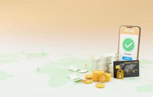 3D rendering of online money transfer by having a credit card connection and have a safety supervision system concept, Online money transactions, mobile payments using a smartphone. photo