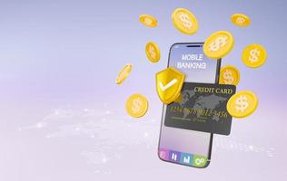 3D rendering of online money transfer by having a credit card connection and have a safety supervision system concept, Online money transactions, mobile payments using a smartphone. photo