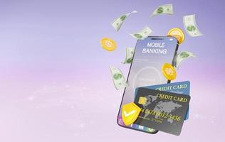 3D rendering of online money transfer by having a credit card connection and have a safety supervision system concept, Online money transactions, mobile payments using a smartphone. photo