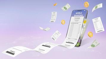 3D rendering of mobile phone online payment. pay the bill of invoices. online transaction Mobile application for digital money transfers photo