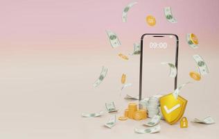 Concept Illustration of Digital Money Having Security, Mobile Banking, Online Wallet, Financial payment via a smartphone, Money Online And Mobile Phone, 3D rendering. photo