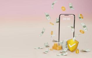 ilustración conceptual de dinero digital con seguridad, banca móvil, billetera en línea, pago financiero a través de un teléfono inteligente, dinero en línea y teléfono móvil, representación 3d. foto