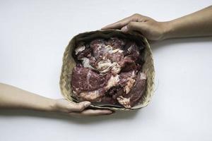 The top view of giving of sacrificial meat on Eid al-Adha isolated by white background photo