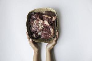 Top view of someone handing the raw meat on Eid al-Adha. Feast of Qurban during Eid Al Adha Al Mubarak photo