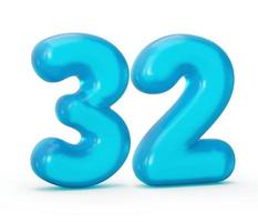 Blue jelly digit 32 thirty two isolated on white background Jelly colorful alphabets numbers for kids 3d illustration photo