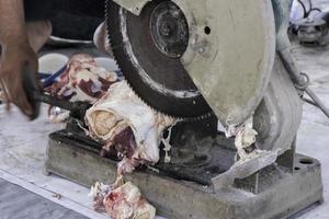 A portrait of Muslims cutting meat on Eid Al Adha by using cutting machine photo