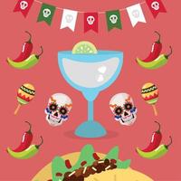 tequila taco and skulls vector