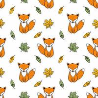 Cute fox and autumn leaves. Seamless pattern for tailoring. Endless wallpaper in nursery. Print on fabric and wrapping paper. vector