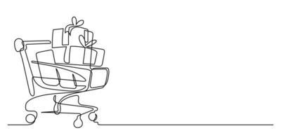 continuous line drawing of shopping cart with shopping bags and gift boxes celebration vector