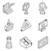 Pack of School Supplies Isometric Line Icons vector