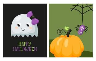 Childish Happy Halloween party card set. Cute little ghost girl with bow on her head. Adorable spider hanging from its web above the holiday pumpkin. Cartoon vector illustration