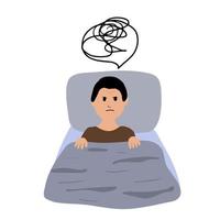 el hombre tiene insomnio. un hombre yace en la cama con los ojos abiertos y no puede dormir. ilustración de dibujado a mano de dibujos animados de vector