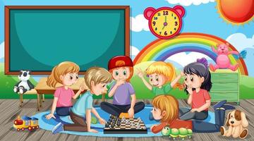 Children playing chess board in classroom vector