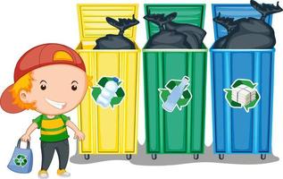 niño pequeño parado al lado de contenedores de reciclaje vector
